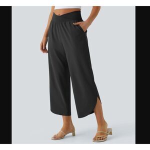 HALARA Black Cropped Wide-Leg Pants with Side Slit